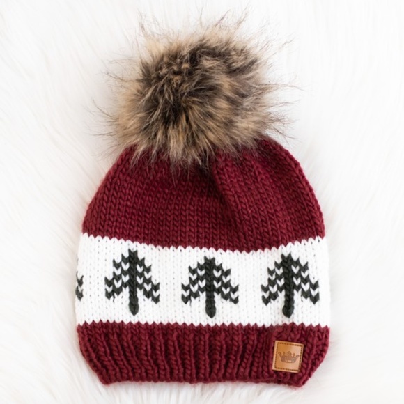 Burgundy Green Pine Evergreen Tree Holiday Knit Faux Fur Pom Beanie Winter Hat - Picture 3 of 3